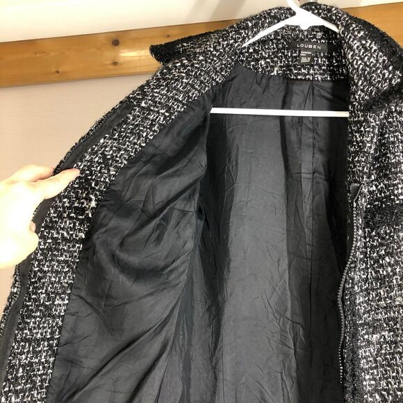 LOUBEN Wool Blend‎ Glitter Lace Detail Black White Long Tweed Coat Sz 4 - Picture 6 of 10